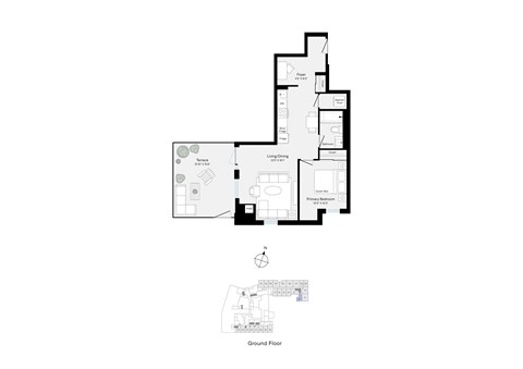 Floor plan for 1 bed, 1 bath, 695 sqft